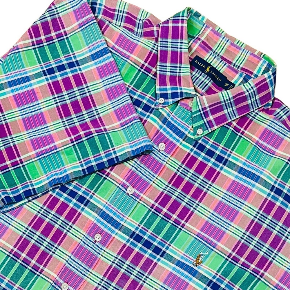 Ralph Lauren Madras Button Down Shirt Mens 3X BIG Plaid Short Sleeve Flesh Pony